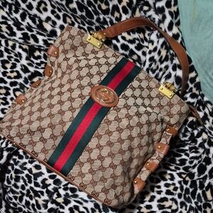 GG Fashion Beige and Brown Tote with Red and Green Stripes